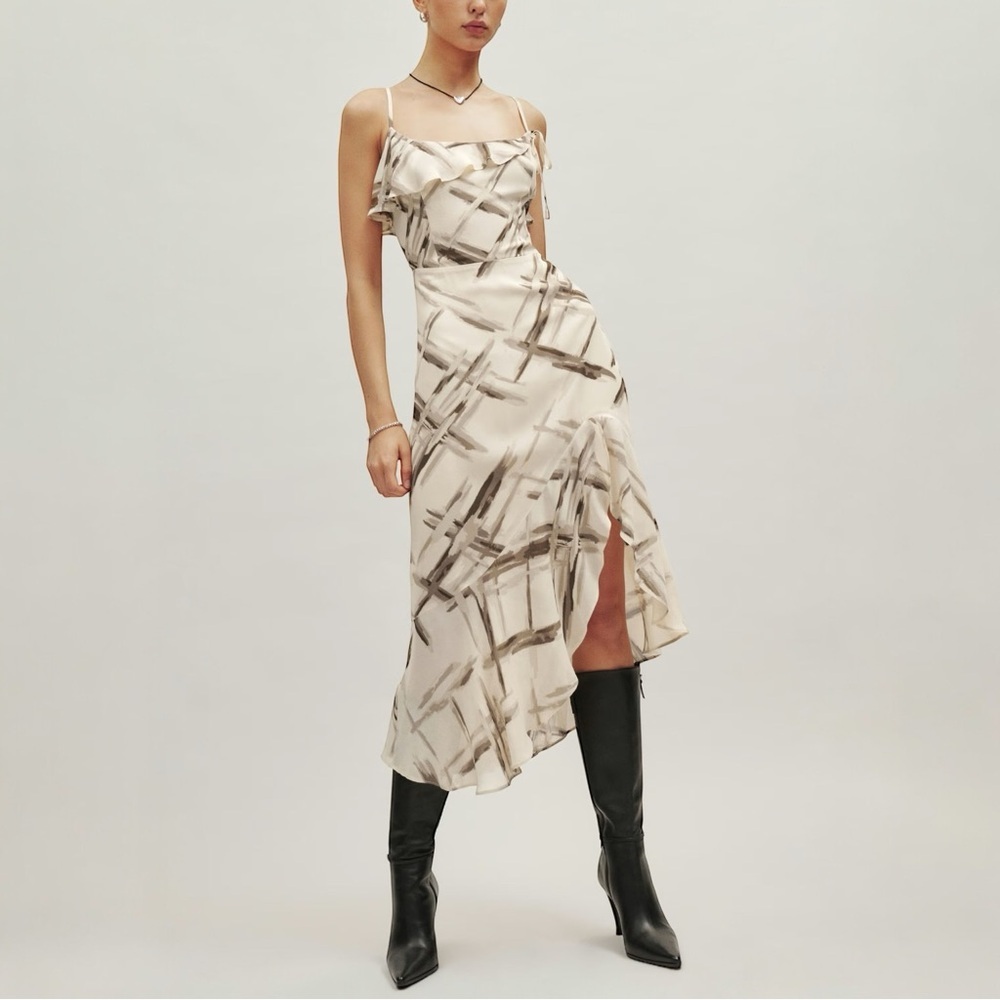 Reformation NWT Liana Ruffle Cream and Brown Midi Dress‎ 10